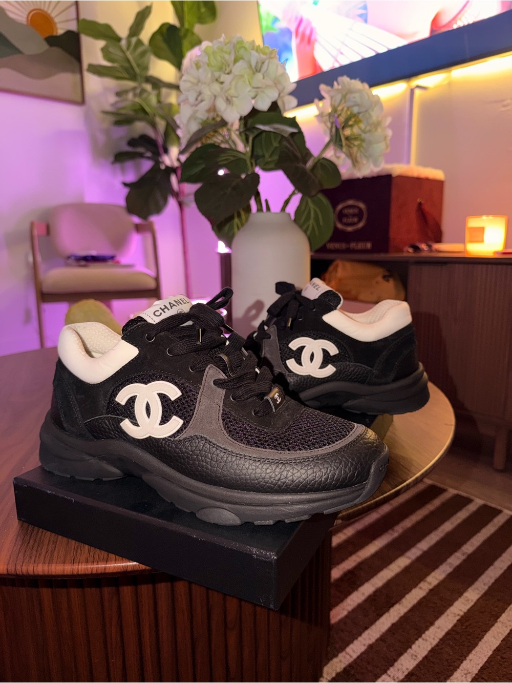 Chanel Black & White CC Logo Sneakers